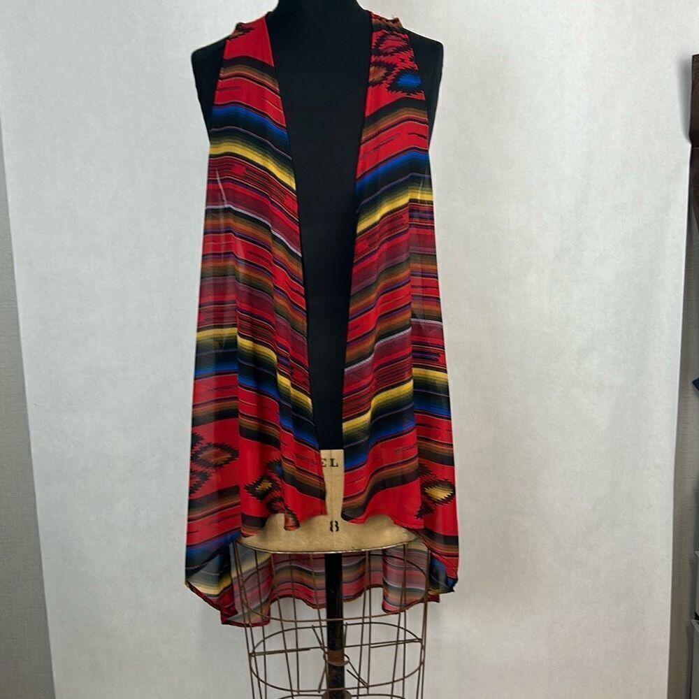 Turquoise Haven Southwest Long Vest Sz Small Red Racerback Sleeveless Kimono